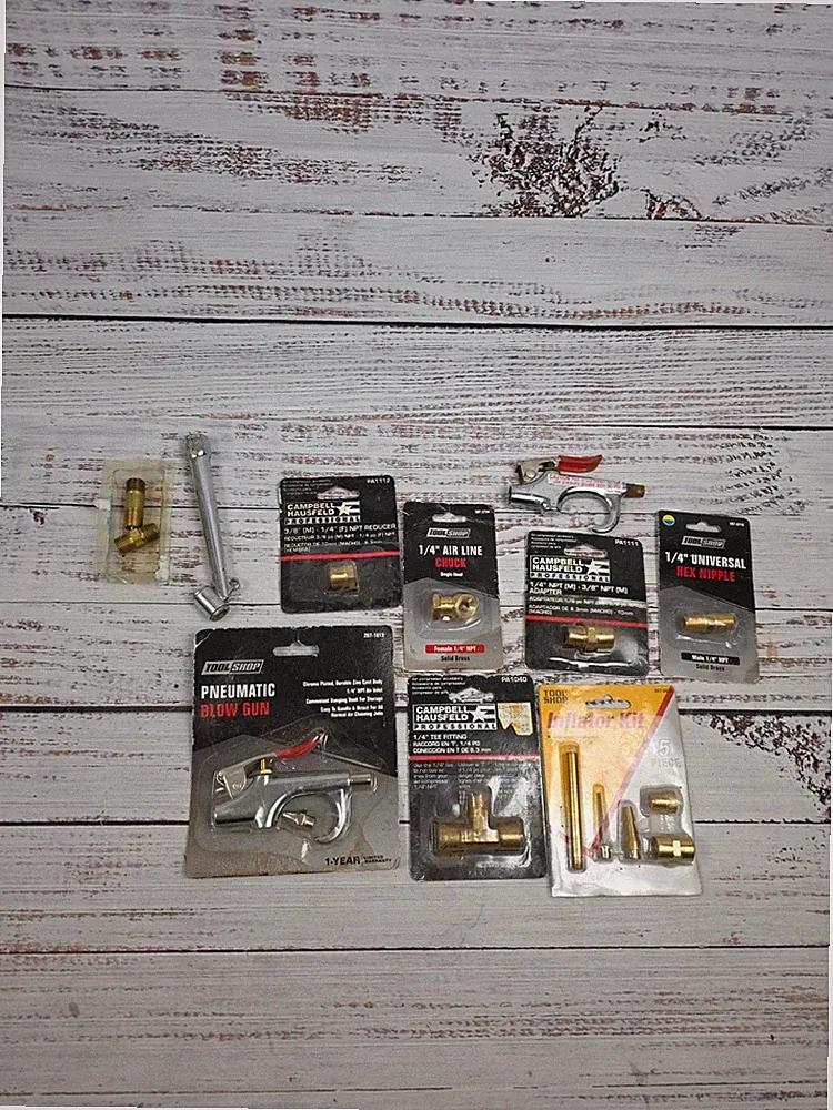 Lot of Air Compressor Hose Fittings, Nipples, Blow Gun, Campbell Hausfeld & TS